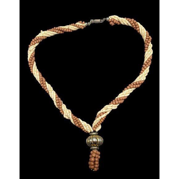 Vintage Rustic Brown And Cream Shell And Wood Beaded Necklace With Gold Tone Bau - Picture 1 of 6